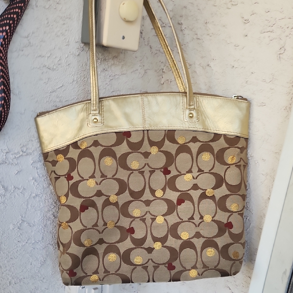 Coach Brown Signature Tote with Metallic Gold Trim - Picture 8 of 16